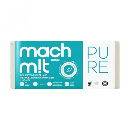 Premium Toilettenpapier 4-lagig - mach m!t PURE - Umweltfreundliches Toilettenpapier, 4-lagig, extrem weich und ohne Bleichmittel. Ideal für Komfort und Nachhaltigkeit, 8 Rollen mit 130 Blatt, Made in Germany.