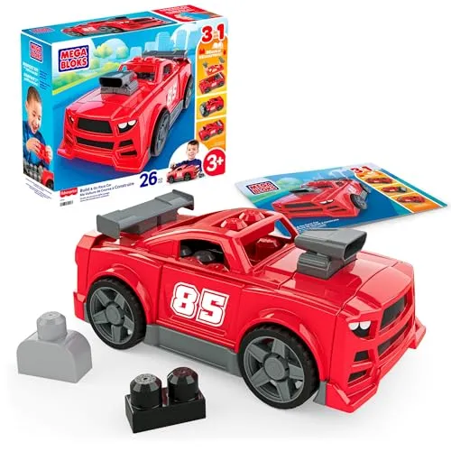 MEGA BLOKS Fahrzeug-Bausteineset für Kleinkinder, 3-in-1-Rennwagen mit 26 Teilen