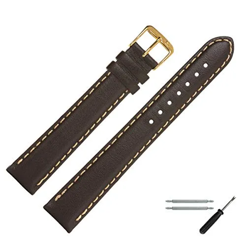 MARBURGER Uhrenarmband 24mm Leder Braun Gold XL Glatt Mit Naht - Montage Set 8022431000220