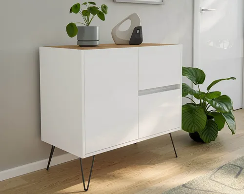 Posseik Waschtisch-Set Sideboard FAVIER 80 x 76cm, 2 Schubladen 1 Tür, weiß eiche-Top, (Sideboard, 1-St., Sideboard)