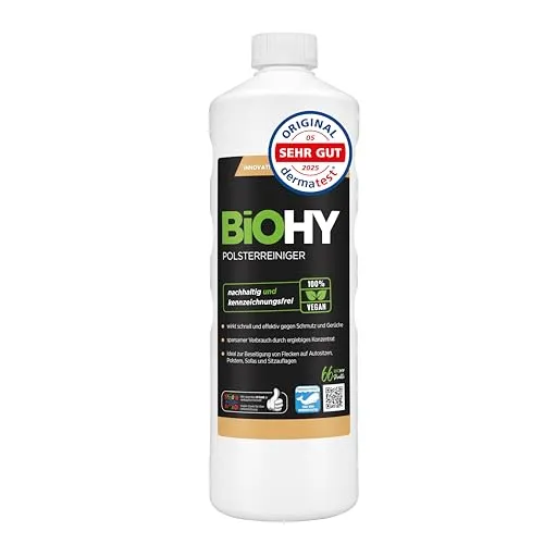 BiOHY Spezial Polsterreiniger 1l - Effektiver Fleckentferner für Textilien - Unser BiOHY Spezial Polsterreiniger entfernt hartnäckige Flecken von Sofas, Teppichen und Textilien. Das konzentrierte Shampoo sorgt für frische und saubere Oberflächen – ideal für den täglichen Einsatz!