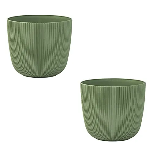 Engelland - 2 x Blumentopf mit Drainagesystem, Moos-Grün, Rillenoptik, Pflanz-Topf, Kübel, modern, widerstandsfähig, rund, wetterfest, Kunststoff, Ø 21 cm, 5 Liter