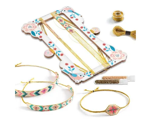 DJECO Kreativset Schmuck Basteln - Kleine Perlen Webrahmen - Kreativset für Kinder ab 8 Jahren, um mit bunten Perlen und einem handlichen Webrahmen wunderschöne Armbänder zu gestalten. Inklusive 10 Vorlagen und Schritt-für-Schritt-Anleitung für kreative Bastelstunden.
