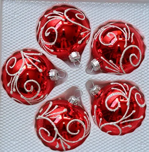 Glänzende rote Weihnachtskugeln aus Glas mit weiß glitzernden Applikationen Durchmesser 6 cm 5er Set