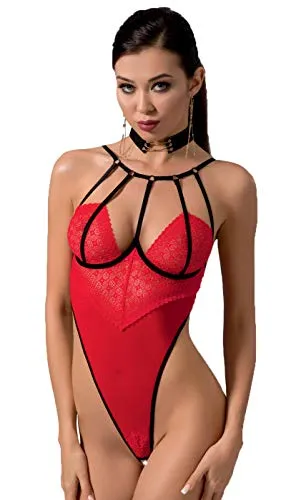 Erotischer Damen Dessous String-Body rot aus Tüll und Spitze - Erotische Bodys aus transparentem Tüll und Spitze, sexy mit Bügel Cups und Hakenverschluss für perfekten Sitz. Ideal für besondere Anlässe oder romantische Abende.