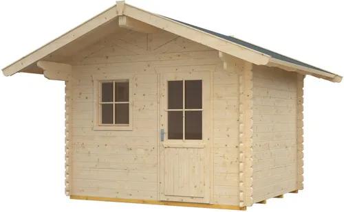 Skan Holz Holz-Gartenhaus Arosa 1 Natur 300 cm x 250 cm - Holz-Gartenhaus mit klassischem Design, stabiler Konstruktion und praktischem Dachüberstand für zusätzlichen Stauraum oder als gemütlicher Sitzbereich im Garten.
