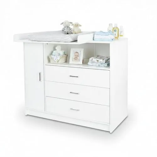 ecomi Wickelkommode Wickeltisch Baby Kommode aus Holz mit Wickelaufsatz, 3 Schubladen, 1 Tür, 100 cm Höhe in Weiß, Wickeltisch 113x100 cm Griffe verchromt