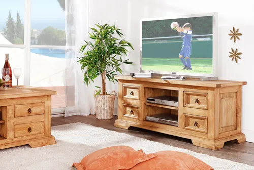 TV Kommode Lowboard MEXICO im Landhausstil aus massiver Pinie - Elegante TV Kommode im Landhausstil mit robustem Design. Ideal zur stilvollen Präsentation Ihrer Technik. Breite: 130 cm, Höhe: 55 cm, Tiefe: 48 cm.