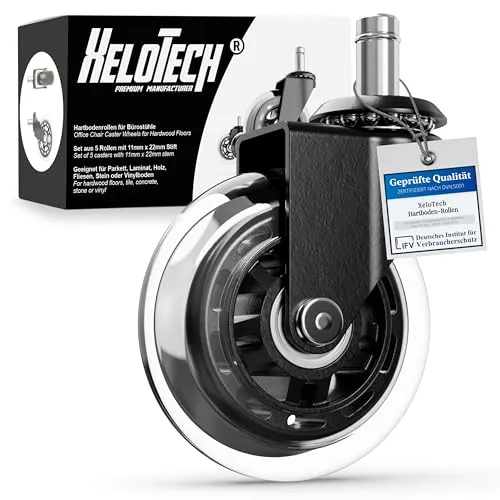 XeloTech Hartboden-Rollen für Bürostuhl, 5 Stück, 11mm x 22 mm, Extrem leise Ersatzrollen - Nie wieder Bodenschutzmatte - Keine Kratzer im Boden mit diesen Premium Rollen