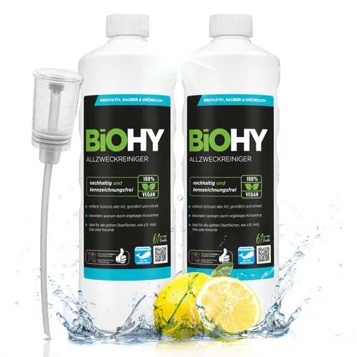 BiOHY Allzweckreiniger Konzentrat (2x1l Flasche) + Dosierer | Schonender Profi - Universalreiniger für Haushalt und Auto | vollständig biologisch abbaubar