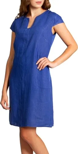 Caspar SKL036 Damen Sommer Leinenkleid - Freizeitkleid aus 100% Leinen mit grafischem Ausschnitt, perfekt für heiße Sommertage und angenehm zu tragen. Der leicht taillierte Schnitt zaubert eine tolle Figur.