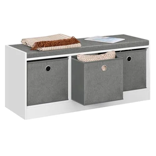 WOLTU Sitzbank mit Stauraum, Polsterbank mit 3 Stoffschubladen, Schuhbank mit Sitzfläche, Bettbank, für Flur Schlafzimmer Wohnzimmer, Weiß Grau