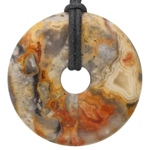 Lebensquelle Plus Edelstein Donut Ø 40 mm + Baumwollband + Edelsteinkarte | Naturstein Anhänger Halskette | Echte Heilsteinkette inkl. Band (Crazy-Lace Achat)