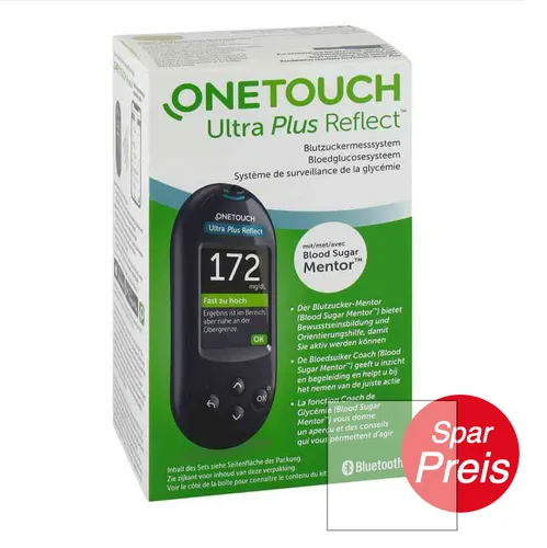 OneTouch Ultra Plus Reflect® Blutzuckermessgerät - Präzise Blutzuckermessung für unterwegs - Blutzuckermessgeräte-Set mit 1 Messgerät, 10 Teststreifen, 10 Lanzetten und mehr. Schnelle Ergebnisse in 5 Sekunden und einfache Handhabung - ideal für Ihr Diabetesmanagement.