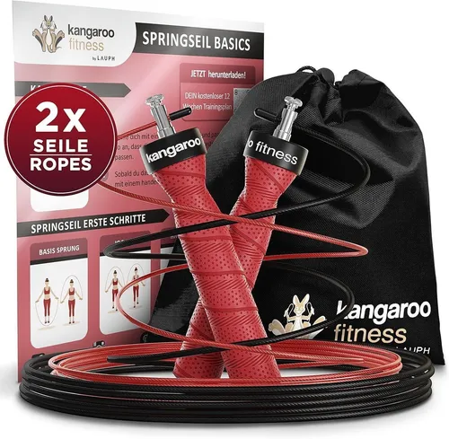 Kangaroo Fitness Springseil fitness Springseil 300cm rot/schwarz, mit Anti-Rutsch-Griffen Jumprope inkl.Trainingsplan für Mann & Frau