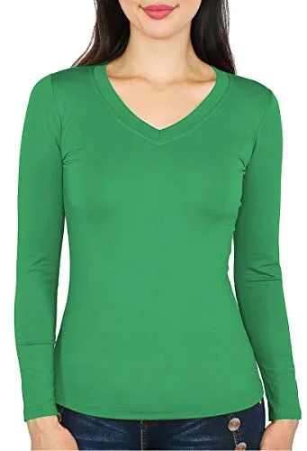 Basic Damen Langarmshirt Thermo Shirt Frauen angeraut/Innenfutter Langarm T-Shirt Unterhemd - 10 Farben - LD002 (S/M - 36/38, Grün)