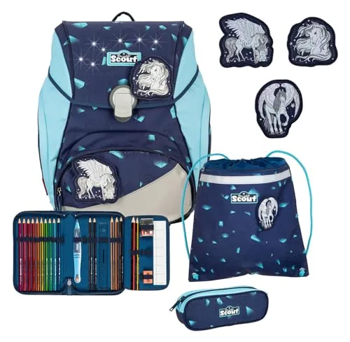 SCOUT LED Alpha Set 4-teilig Pegasus - Schulranzen mit blinkenden LEDs für optimale Sichtbarkeit in der Dämmerung. Sicher und stylisch für Ihr Kind, Maße: 29 x 40 x 24 cm.