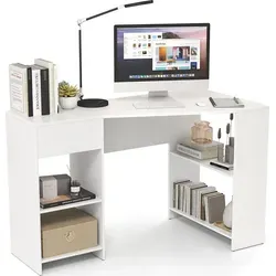 COSTWAY L-förmiger Schreibtisch - Schreibtisch mit platzsparendem Eckdesign, Schublade und Regalen für optimalen Stauraum und bis zu 150 kg Tragfähigkeit – ideal für Home Office und vielseitige Nutzung.