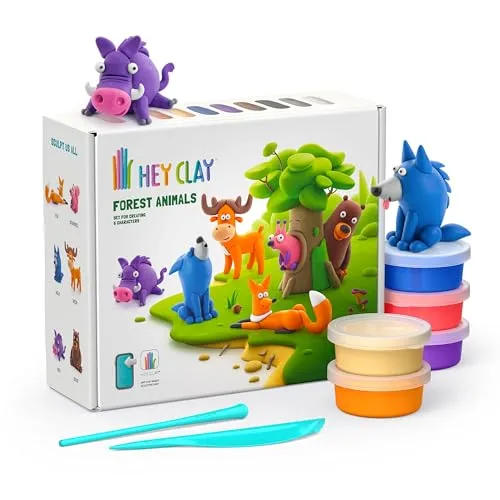 Hey Clay – Bunte lufttrocknende Modelliermasse für Kinder – Waldtiere-Set – Lufttrocknende Ton-Set, 15 Dosen und Modellierwerkzeuge mit lustiger interaktiver Anleitungs-App – 15022