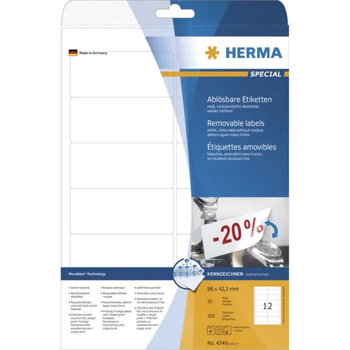 Herma 4348 ablösbar Universal-Etiketten 9.6x4.23 cm (25 Blatt (300 Etiketten))