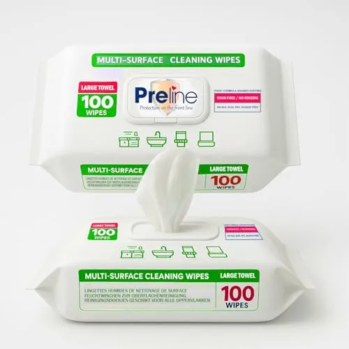 Preline Multi Surface Oberflächenreinigungstücher, Feuchte Allzwecktücher, Extra Dick&Breit,Weißer Seifenduft,Frei von SLS/SLES/Bleichmittel,Haushalt Küche Bad WC Elektronik Fenster,100 Stück (Einzel)