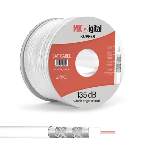 Koaxialkabel 100m 135dB 5-fach Antennenkabel Koax kabel 7mm Vol KUPFER, Weiß