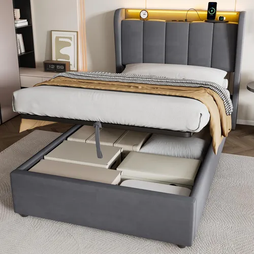 okwish Polsterbett 90×200 mit LED-Nachtlicht und Stauraum