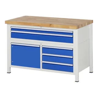 Rau Werkbank höhenverstellbar 8922A2 mit 5 Schubladen - Höhenverstellbare Werkbank B1250xT700xH840-1040mm, ideal für ergonomisches Arbeiten und optimalen Stauraum.