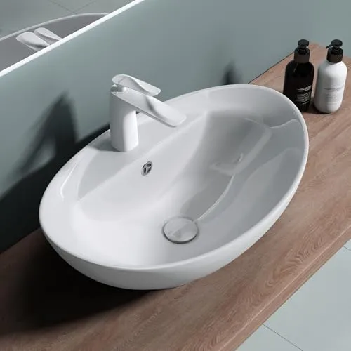 doporro Waschbecken Brüssel302 59x39x21cm - Keramik Aufsatzwaschbecken in Weiß mit Nano-Versiegelung für einfache Reinigung und Pflege, ideal für modernes Bad-Design.