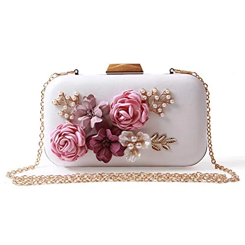 EVEOUT Blumenperle Perlen Hochzeit Handtasche für Bräute Damen Leder Abend Clutch Prom Party Tasche für Frauen Kleine Umhängetasche Geldbörsen für Mädchen