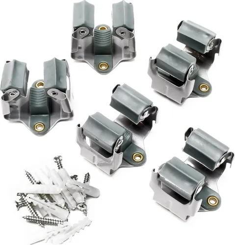 Wiltec Gerätehalter aus Stahl 5x mit Klemmhalter als Wandhalterung Gerätehalter Besenhalter zur Wandmontage in Garage Werkstatt Keller