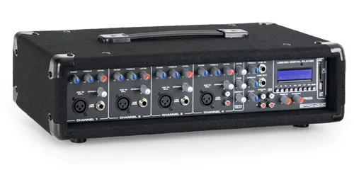 Pronomic PM42U MKII MP3 Powermischer - Mischpult mit 4 Kanälen, 100 Watt Leistung und integriertem MP3-Player für USB/SD-Karten. Ideal für mobile DJs und kleine Veranstaltungen.