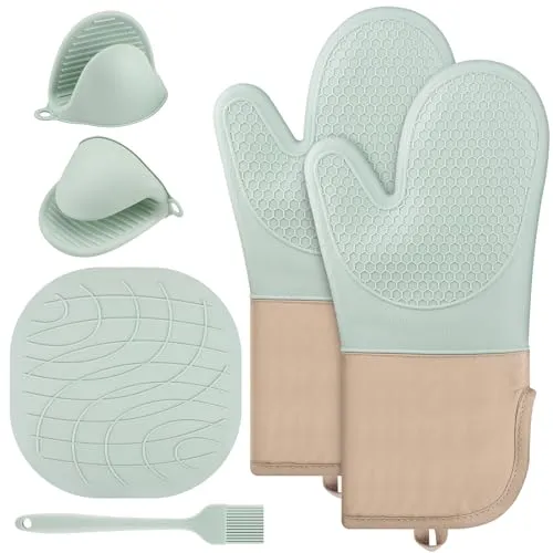 Ofenhandschuhe Topfhandschuhe Anti-Topfhandschuhe Hitzebestaendig 6er Set Topflappen Ofenhandschuhe Baumwolle Silikon Hitzebest Geeignet Küchenhandschuhe für Kochen Backen Grillen（Mintgrün）