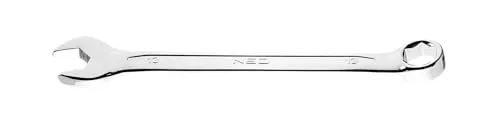 Der Ring-Maulschlüssel 13 mm, Sechskantring, der Marke Neo. Der offene Teil des Schlüssels hat profilierte Maulteile, die beim Einsatz vier Berührungspunkte mit einer Sechskantschraube oder -mutter b