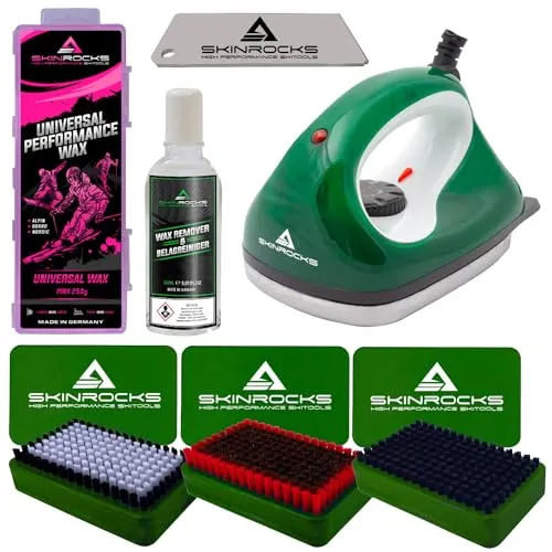 SkinRocks Skiwachs Set 7-teilig Bügeleisen 3er Bürsten Set Abzieher Wax Reiniger