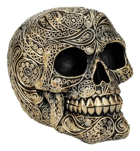 Figuren Shop GmbH Dekofigur Totenkopf schwarz-gold - Paisley Design - Elegante Totenkopf-Dekoration mit goldenen Paisley-Mustern. Ideal für stilvolle Akzente in Ihrem Zuhause. Entdecken Sie unsere vielfältige Auswahl an einzigartigen Figuren.