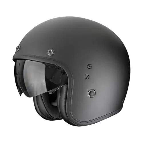 Scorpion Belfast Evo Solid Jethelm - Matt-Schwarz - L - Motorradhelm mit Retro- und modernem Stil, ausgestattet mit einer versenkbaren Sonnenblende und antimikrobiellem Innenfutter für optimalen Komfort bei jedem Wetter.