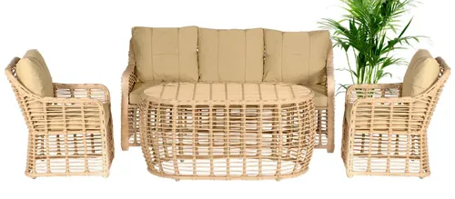 Moderne Rattan Gartenmöbel Sofagarnitur 4-teilig - Lounge Set für bis zu 4 Personen, aus hochwertigem Rattan in Beige, inklusive Sofa, Sessel und Couchtisch. Ideal für entspannte Stunden im Freien. Mit Kissen für zusätzlichen Komfort.