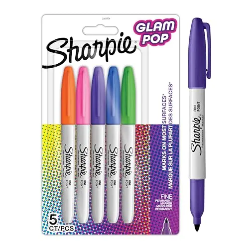 Sharpie Glam Pop-Permanent Marker | feine Spitze für klare Details | gemischte Farben | 5 Wasserfeste Stifte