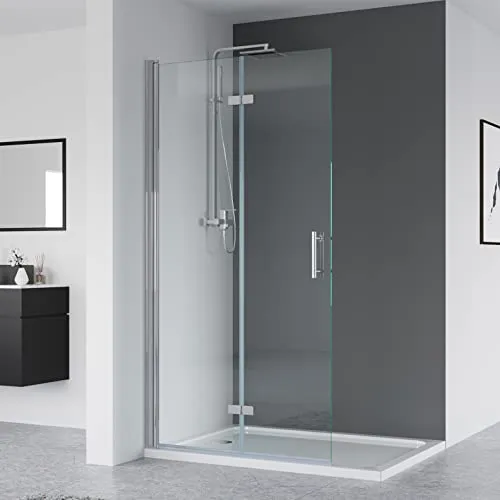 IMPTS Walk In Dusche 90x195 cm - Faltbare Duschabtrennung aus ESG Glas - Duschtüren aus 6mm ESG mit Nano-Beschichtung, einstellbar für schiefe Wände, komfortabler Einstieg und minimaler Platzbedarf. Einfache Montage für Links- oder Rechtsanschlag.