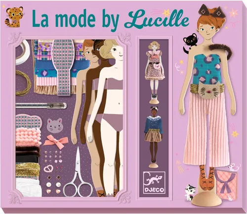 Mode von Lucille - Djeco Kreativwerkstatt für junge Stylisten - Sonstige Kreativspielzeuge, ideales Set für kreative Kinder, die Mode mit echten Stoffen gestalten und ihre Designs an Schaufensterpuppen präsentieren können.
