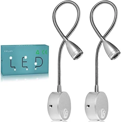 Licchily LED-Wandleuchte Leselampe, Flexibler Nachttischlicht mit Schalter und Steckerkabel, Schwanenhals Länge: 38cm 360° Drehbar, 200LM / 3000K / 3W / 110-240V AC (2STK Silber) (Silber)