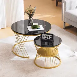 Couchtisch-set 2-teilig, Mdf Schwarz In Marmoroptik, Rund, Nesting, 70 Cm