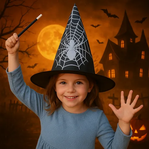 Kinder Halloween Böser Hexenhut & Schwarz Mit Spinnenmuster Faschingskostüm