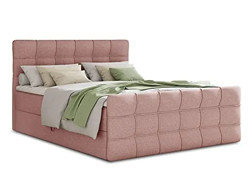Boxspringbett Best Lux mit Fußteil und zwei Bettkästen - 140 x 200 cm in Pink - Luxuriöses Boxspringbett mit Bonell-Matratze und Topper, ideal für komfortablen Schlaf. Die praktischen Bettkästen bieten zusätzlichen Stauraum für Bettwäsche.