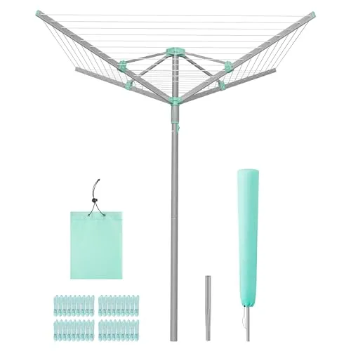 SONGMICS Wäschespinne, drehbar, klappbar, 45 m Wäscheleine | Wäscheständer, für 4 Waschladungen, mit Wäscheklammern, Schutzhülle, draußen, Garten, Silbern, BUNJI Kollektion LLR306EZ01