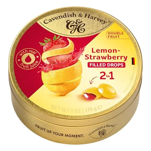 Cavendish & Harvey Double Fruit Drops Lemon Strawberry 175g Dose | Zitrone mit Erdbeerfüllung | Gefüllte Fruchtbonbons | Vegan, Halal, Koscher | 1 x 175g
