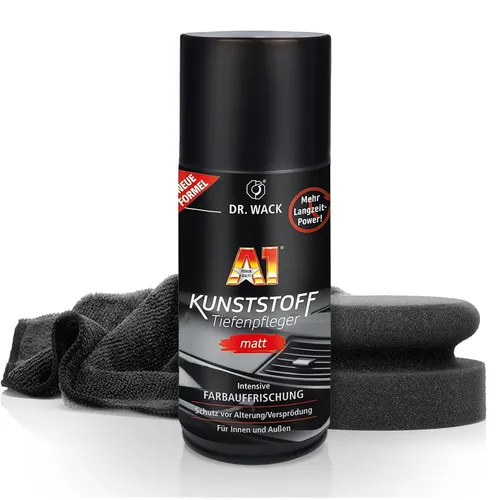 Dr. Wack A1 Kunststoff Tiefenpfleger Matt 250ml - Auto Pflege Set mit Mikrofasertuch - Kunststoffreiniger für Auto Kunststoffteile, Gummiteile und Vinylteile. Inklusive Mikrofasertuch und Handpolierschwamm für optimale Pflege und Schutz.