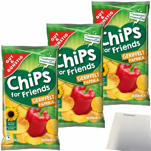 Gut&Günstig Paprika-Chips for Friends geriffelt Kartoffelchips 3x200g Pack usy