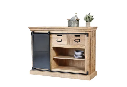 Baario Sideboard Kommode SELCE - 115 cm Massivholz im Industriedesign - Kommode im Industrial Style, gefertigt aus hochwertigem Mangoholz, bietet 2 Schubladen für optimalen Stauraum und kommt fertig montiert.